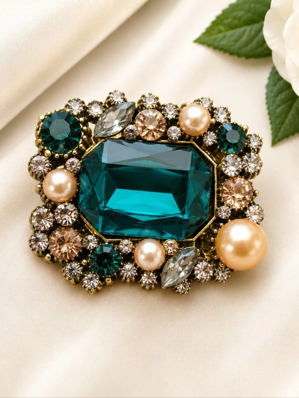 Teal Crystal & Faux Pearl Statement Brooch Pin